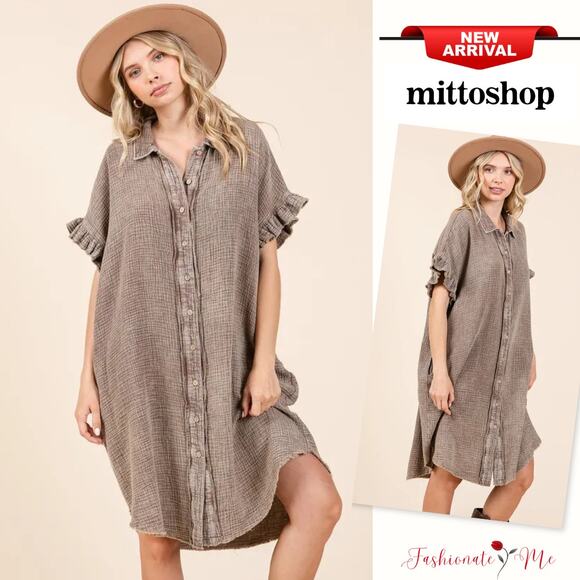 Mittoshop Mineral Washed Buttoned Cotton Gauze Pockets Mini Shirt Dress | Toffee - Picture 1 of 6